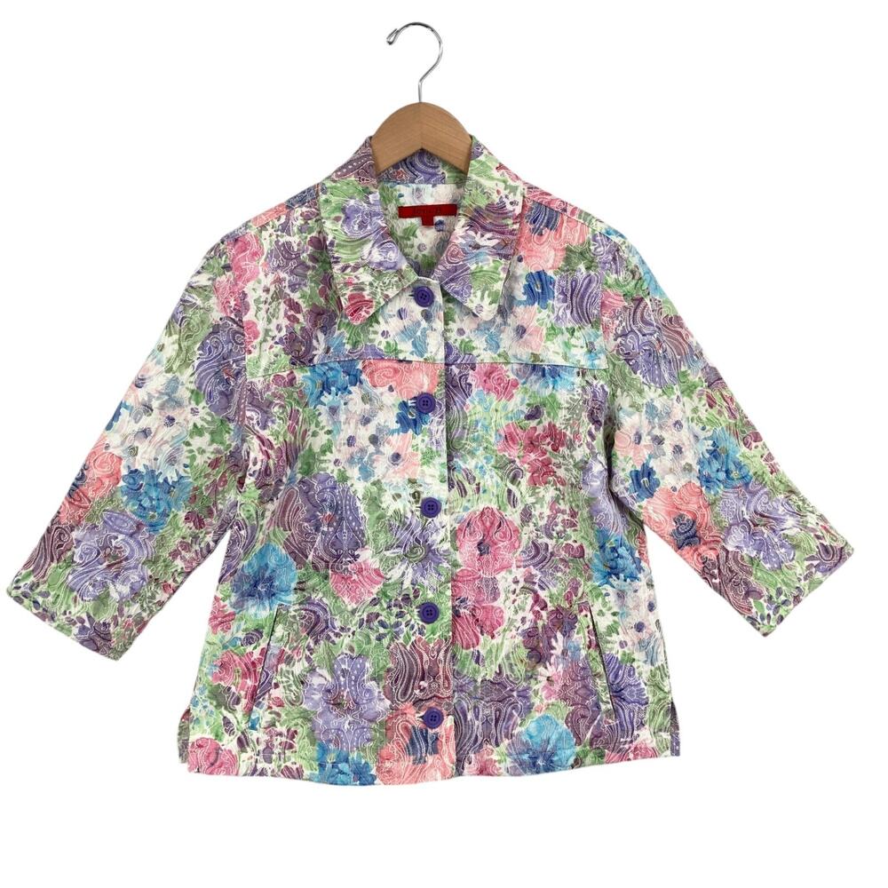 Joni B Floral Jacket Womens M Multi Raised Embroidery 3/4 Sleeve Button Front